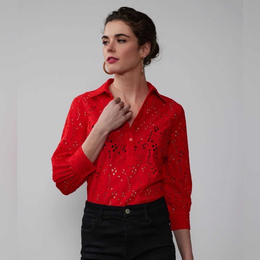 New York & Company Balloon Sleeve Eyelet Popover Top Red M